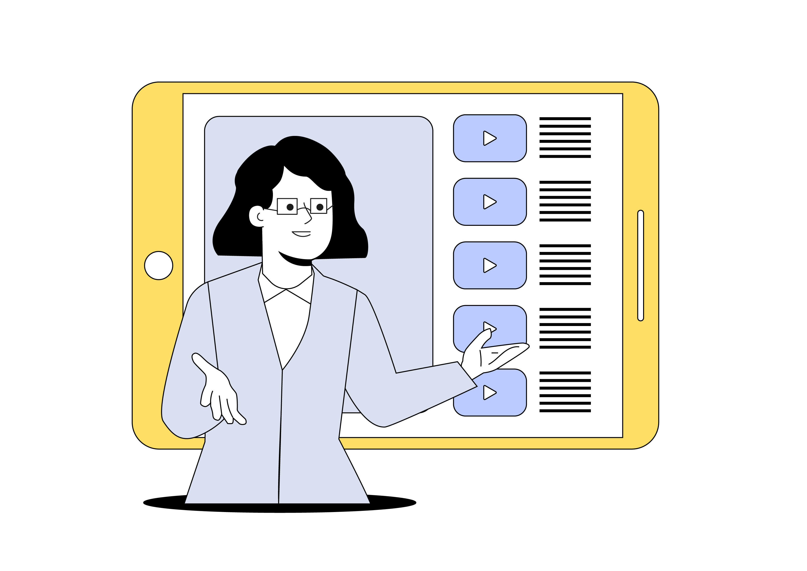 Illustration einer Lehrerin, die vor einem Tablet steht und sich mit Hilfe der Schullizenz von Schulflix online fortbildet