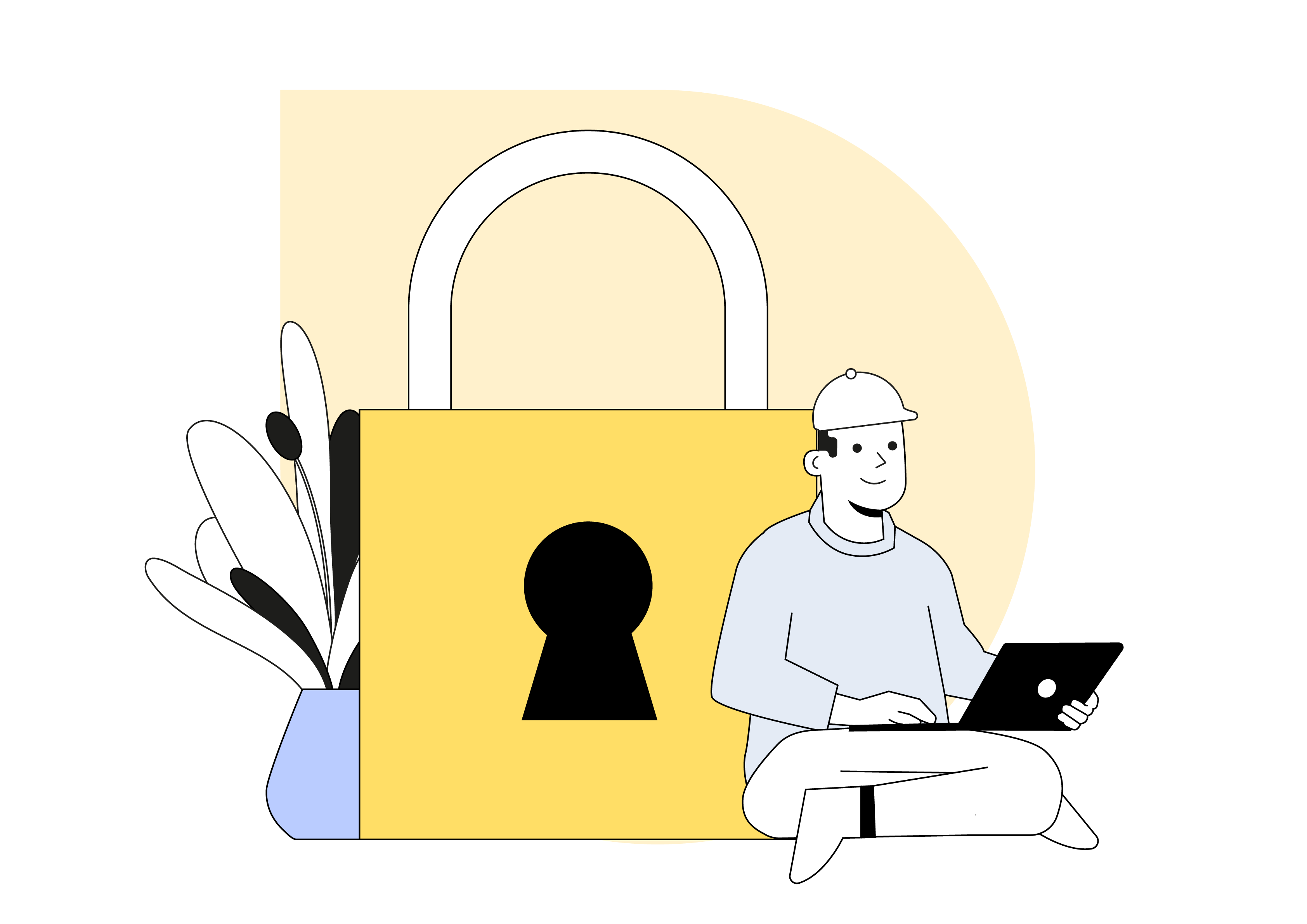 Illustration von einem Mann, der mit seinem Laptop vor einem Schlüssel-Schloss sitzt